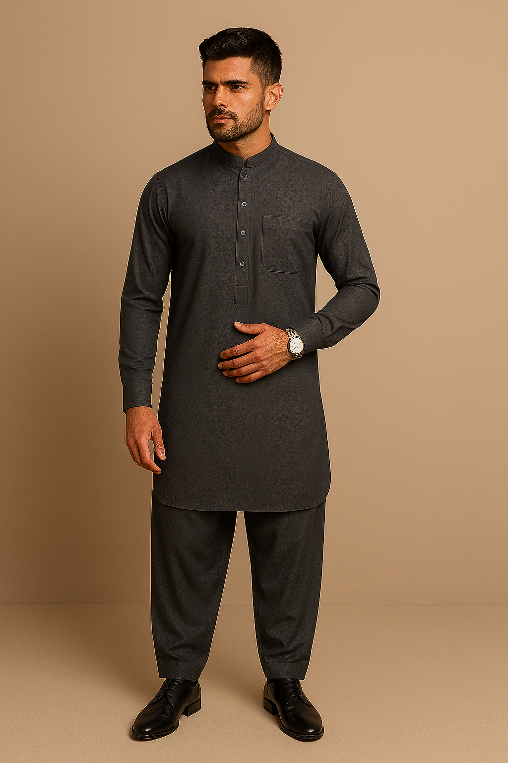 Premium Men's Wash n' Wear Unstitched - Charcoal Secondary image