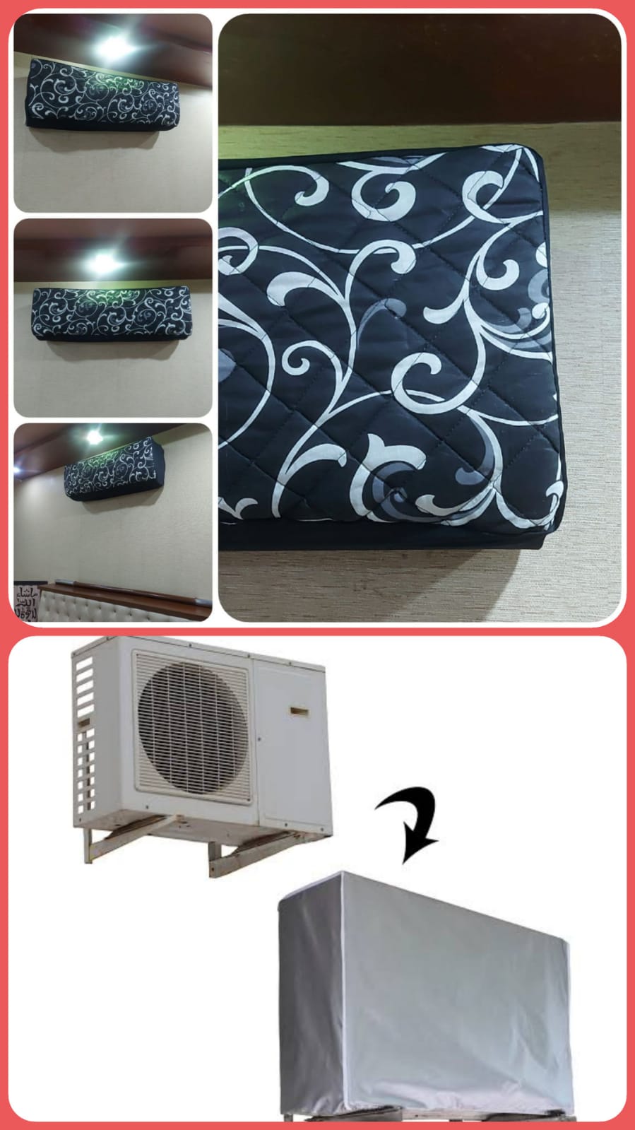 Printed Quilted AC Cover - (Inner + Outer Unit Set) - Black