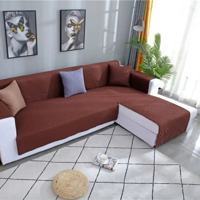 Quilted Cotton L-Shape Sofa Cover - Brown Main image