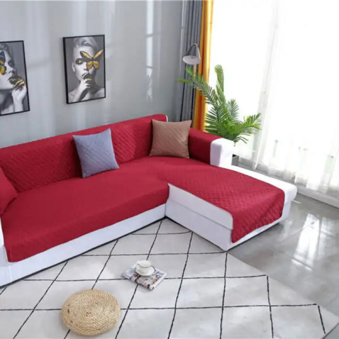 Quilted Cotton L-Shape Sofa Cover - Maroon Main image