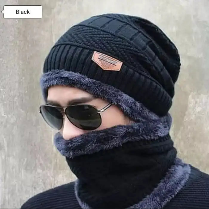 Unisex Beanie Wool Cap With Neck Warmer - Black